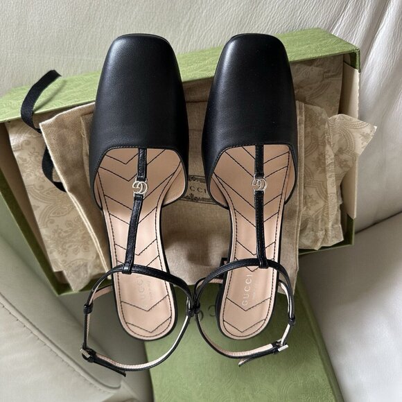 NEW Gucci WOMEN'S PETITE GG SLINGBACK PUMPS HEELS Sz 38.5 Black Strap - Picture 7 of 11